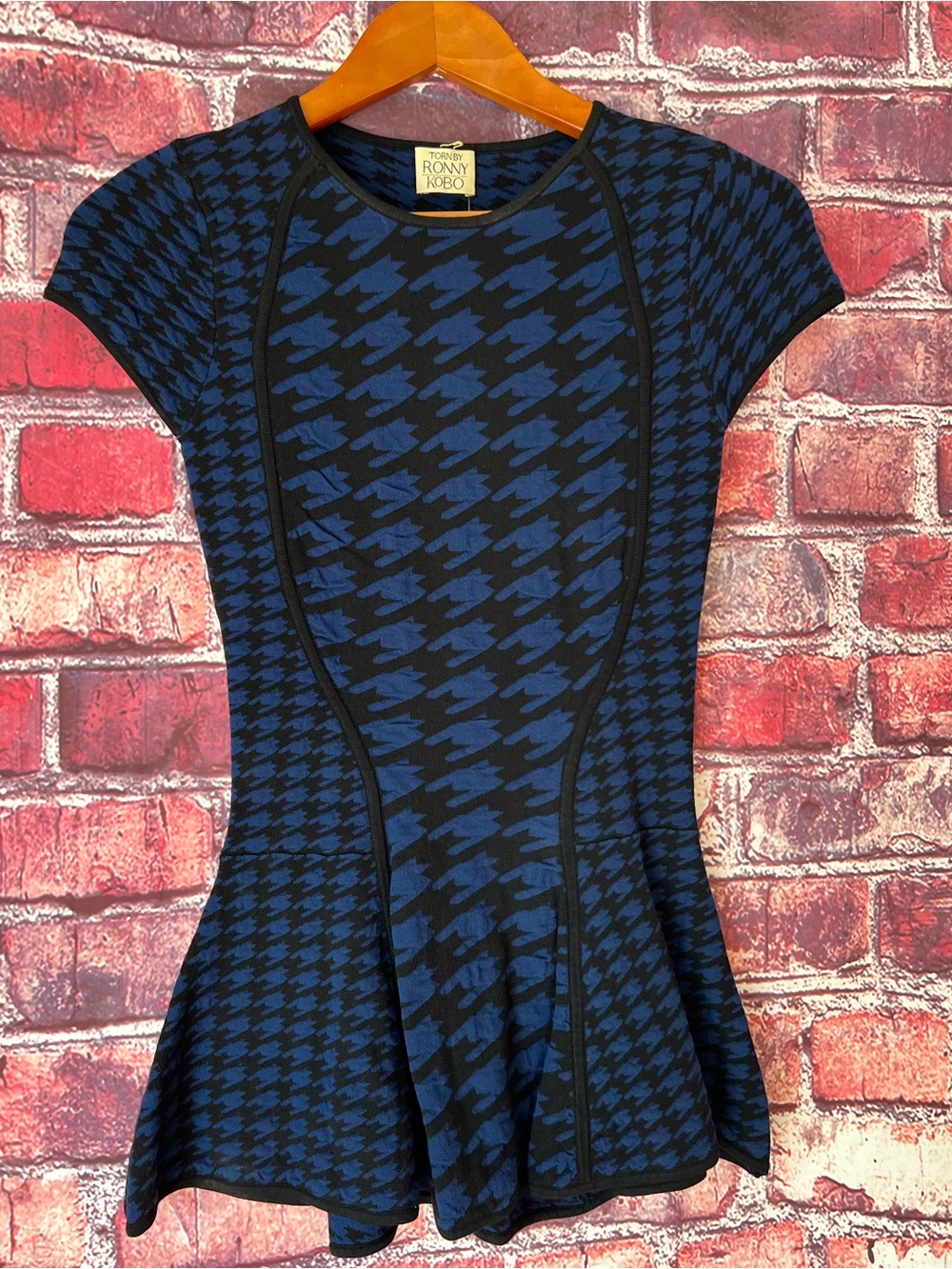 Ronny Kobo Collection Blue & Black Houndstooth Fit-and-Flare Mini Dress